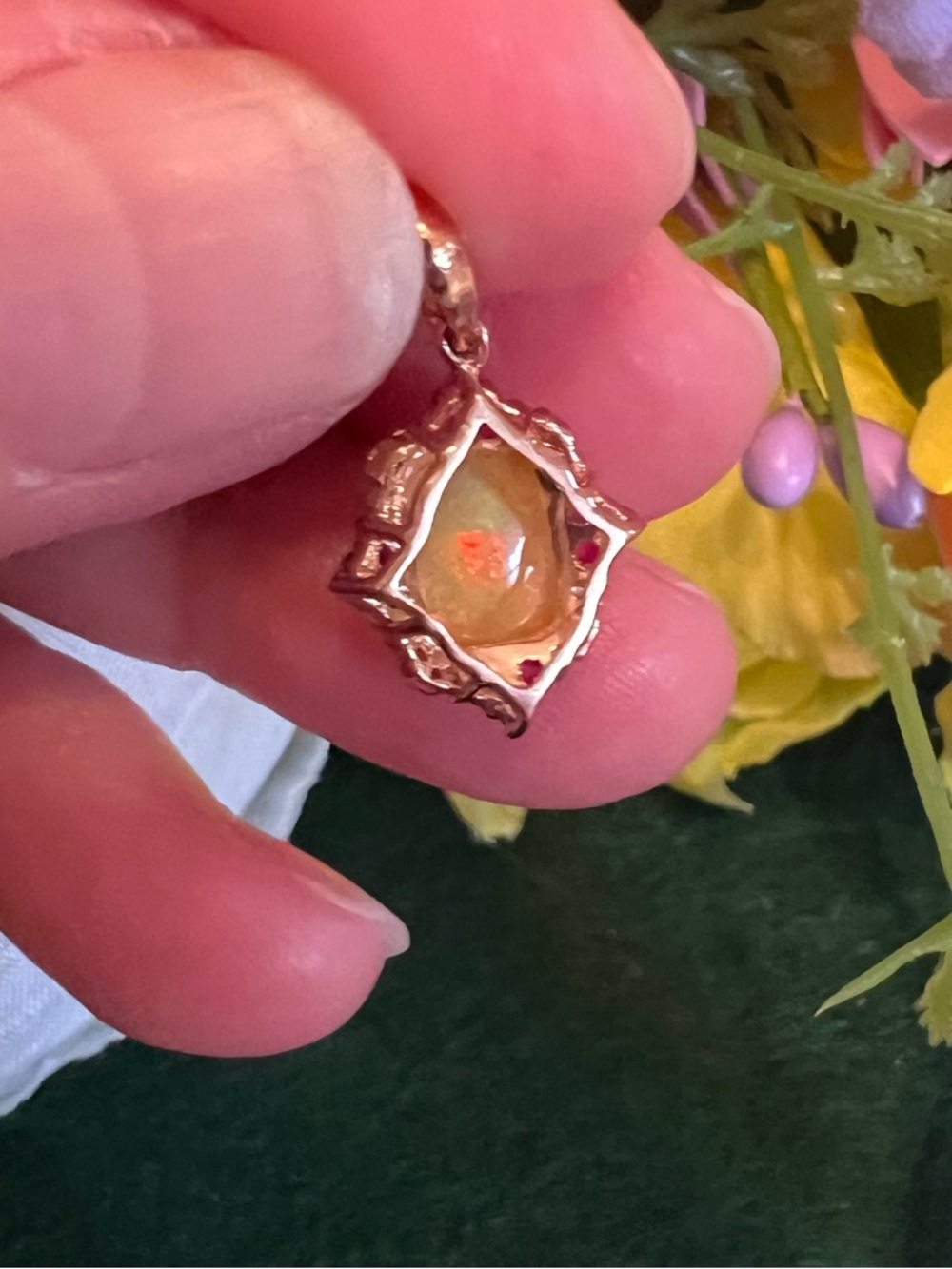 10k Solid Rose Gold Ethiopian Opal with Genuine Diamond and Ruby Halo Pendant - Picture 6 of 16